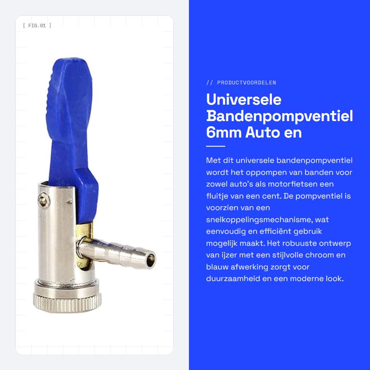 Dailygoods- Bandenpompventiel 6mm - Clip-on Snelkoppeling - Universeel Gereedschap - IJzer met Vernikkeling - Blauw Plastic - Chroom Afwerking - Ventiel