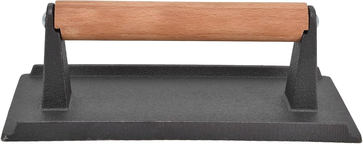 Gietijzeren pers Vlees grill Gelijkmatig koken Houten handvat 19.99 x 11.99 cm Zwart