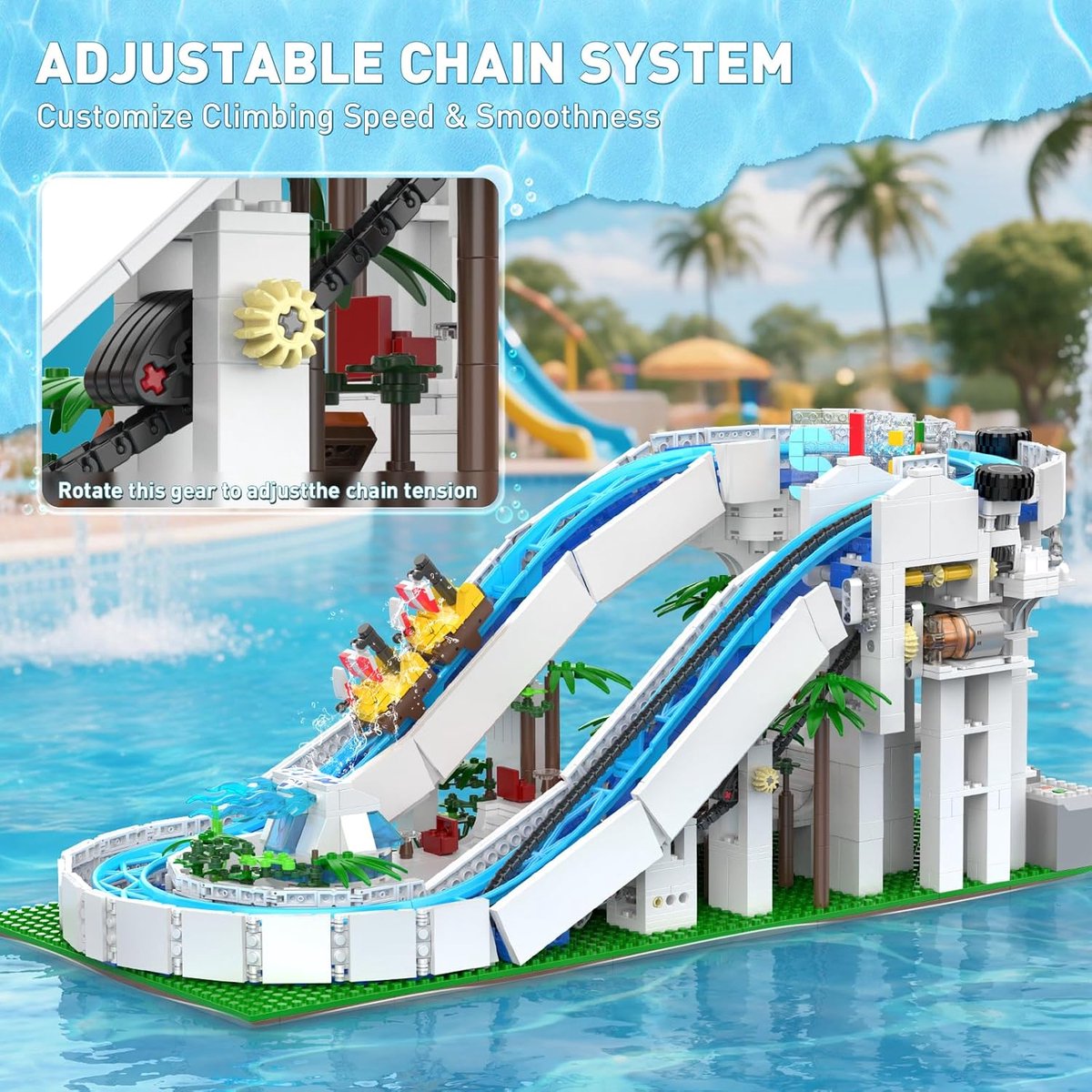 Mould King 11021 Waterglijbaan attractie bouwset | Kermis architecture ideas modelbouw | Technisch creator classic speelgoed bouwpakketten voor volwassenen & kinderen | Expert icons muziekdoos | Motor niet geschikt voor Lego technic | 2088 bouwstenen — afbeelding 4
