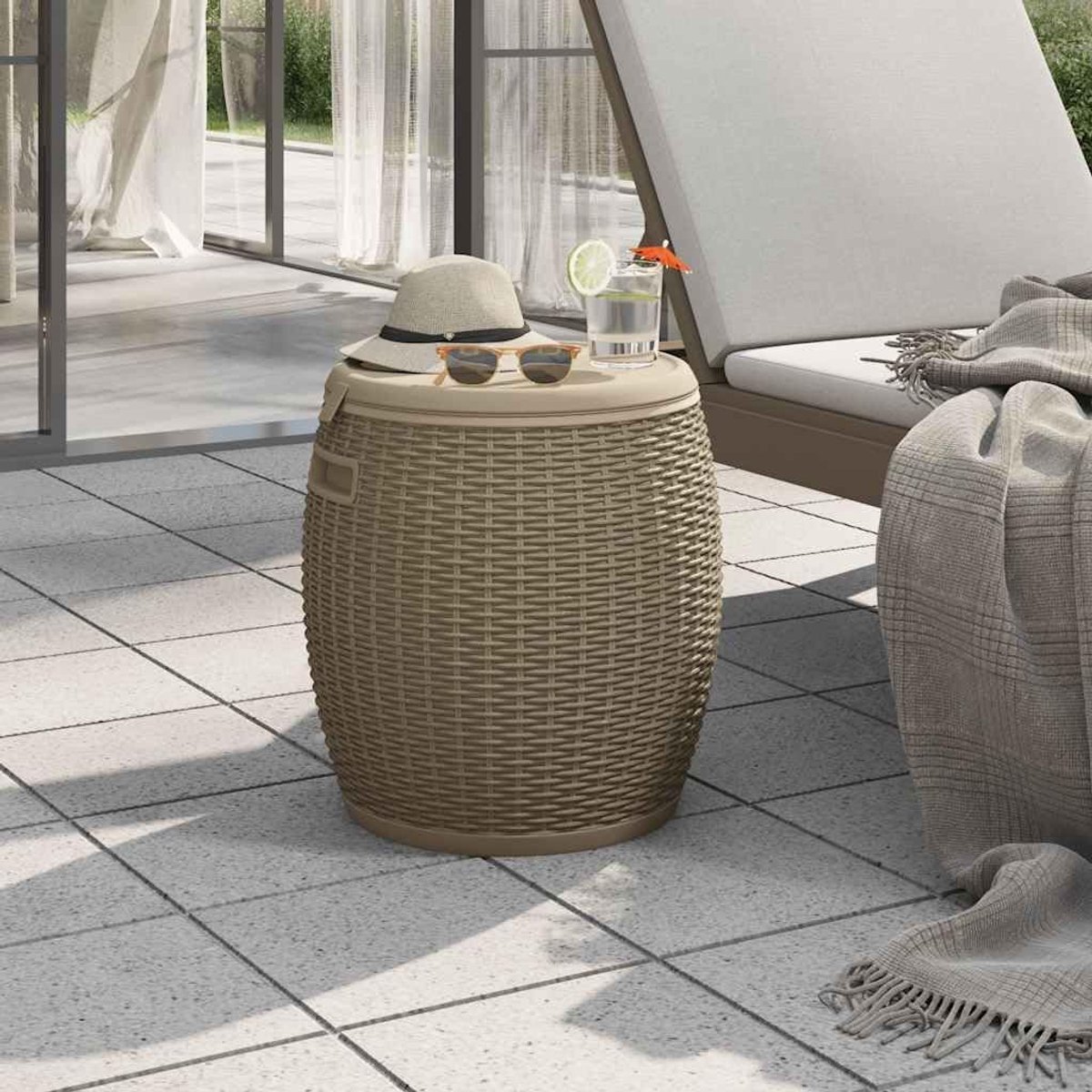 Tuinbox 4-in-1 - Opbergkist Koeler - Buiten Ontspannen - Rotan-look design - 60 liter - Lichtbruin