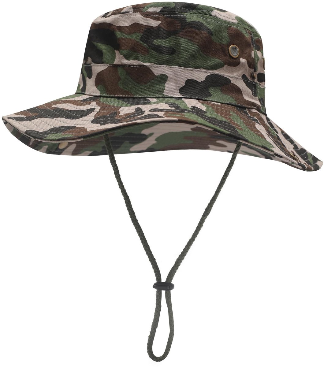 Dailygoods- Zonnehoed Camouflage - Safari Hoed - Outdoor Hoed - Lichtgewicht - Verstelbaar - Ademend Mesh-Design - Waterdicht Polyester - Outdoorhoed