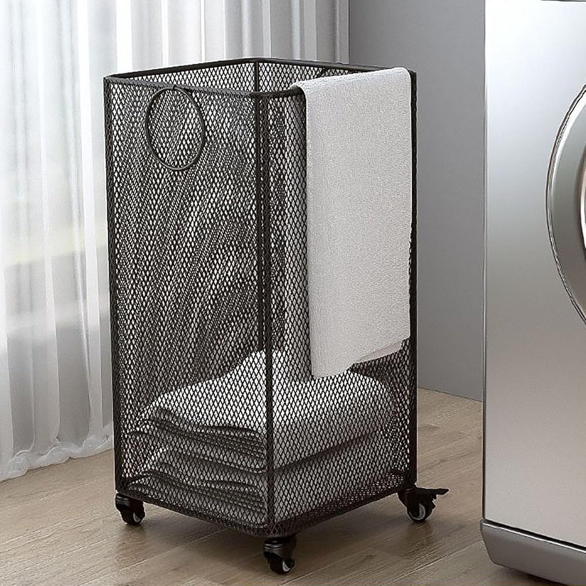 Wasmand op wieltjes Opbergmand Was sorteren Stevig metalen frame Vierkant Zwart