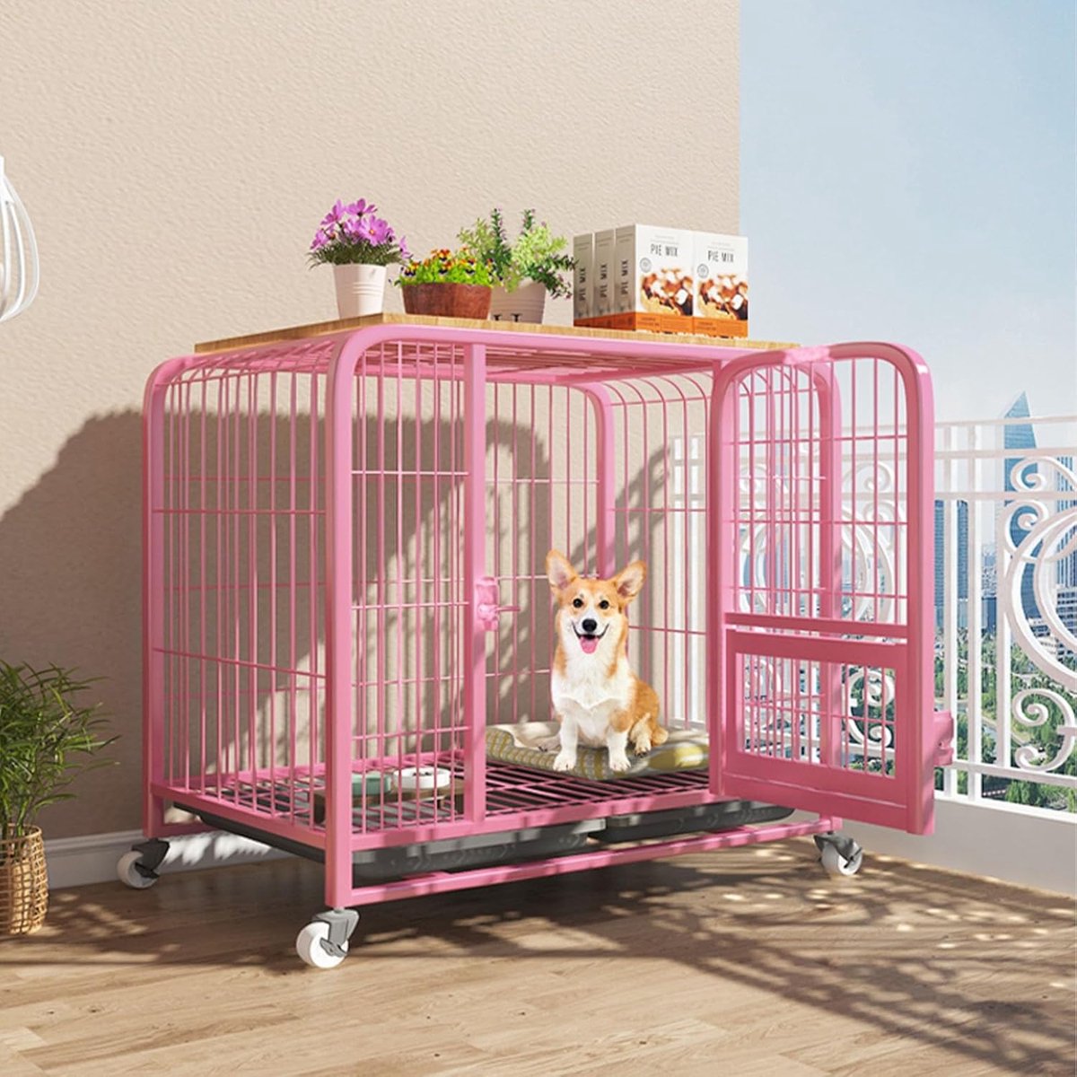 Hondenbench met wielen - Kennelkooi huisdier - Veilig transport - Automatisch ontsnappingsslot - 78x55x70cm - Roze