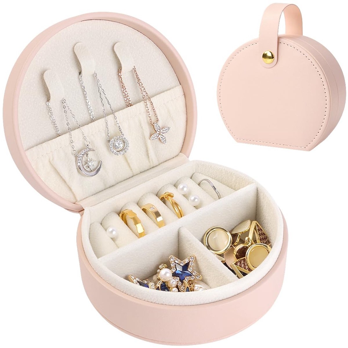 Dailygoods - Sieradendoos, reissieradendoosje voor dames, mini-juwelendoosje, organizer, PU-lederen sieradengeschenkdoos voor ringen, oorbellen, ketting voor vrouwen en meisjes - felroze