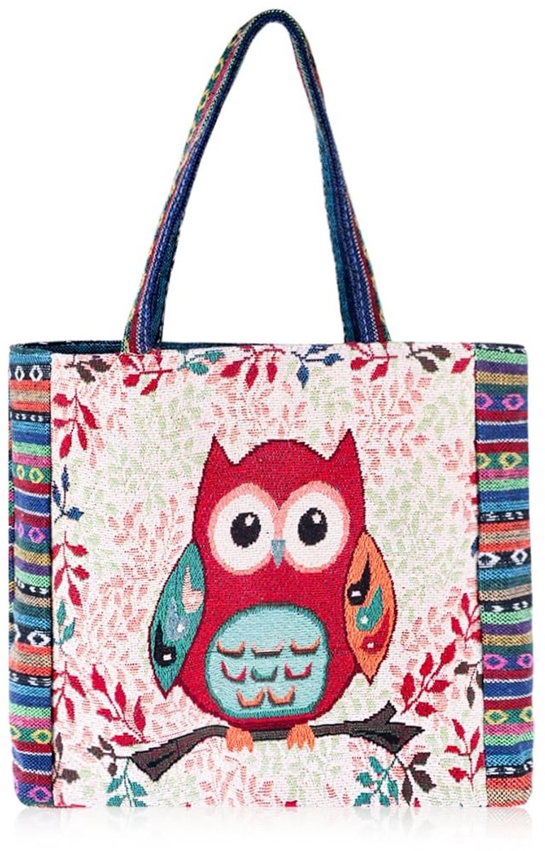 Dailygoods - Oyachic Canvas Uil Tote Bag Esthetische Gehaakte Hobo Handtassen Winkelen Schoudertas met Zip Interieur Pocket Geborduurd Herbruikbaar voor Vrouwen Strand Boodschappen