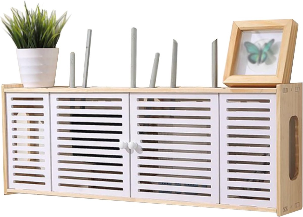 Router Opbergdoos - Routerkast Wandmontage - Netwerkapparatuur Opbergen - Met Ventilatiegaten - 76 x 12 x 28 cm - Wit