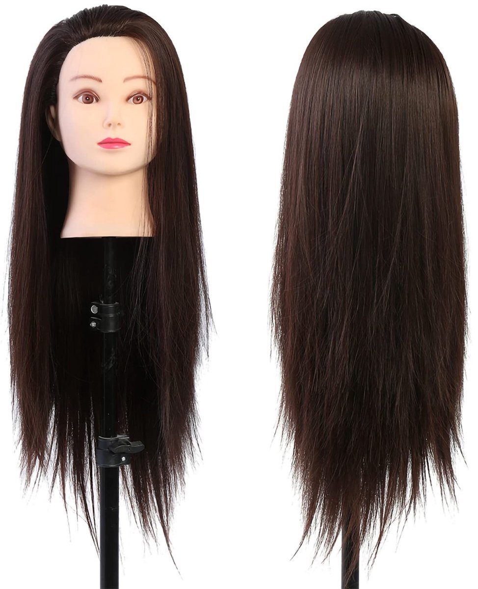 Dailygoods- Make-up Mannequin Hoofd - Hittebestendig Vezelhaar - Oefen Snijden/Vlechten - Geschikt voor Schoonheidsspecialisten - Hoogte 26 cm - Haarlengte 60 cm - Haarmodel