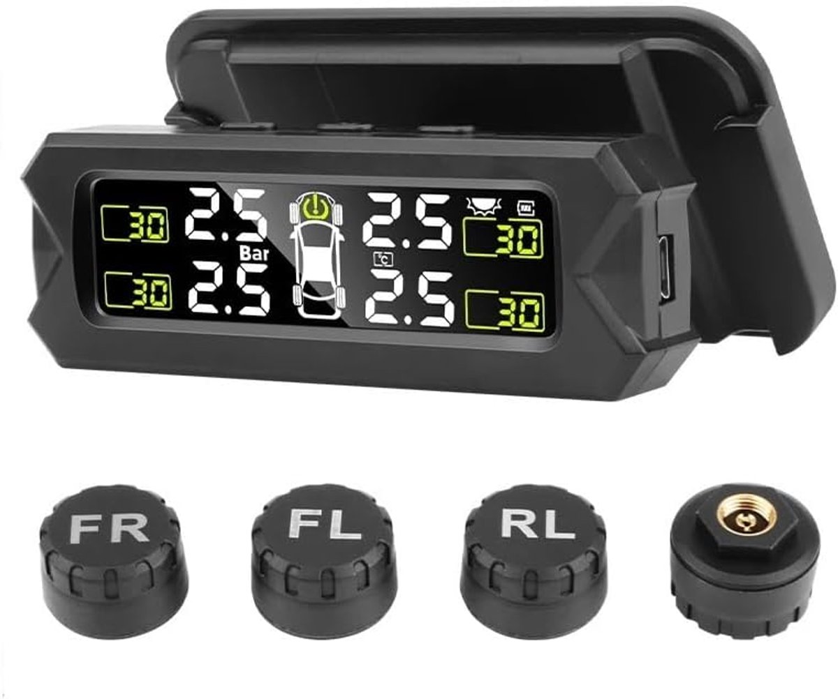 Bandenspanningsmeter - Banden monitor - Veilig Rijden - Zonne-energie Laden - 6 Bar - Zwart