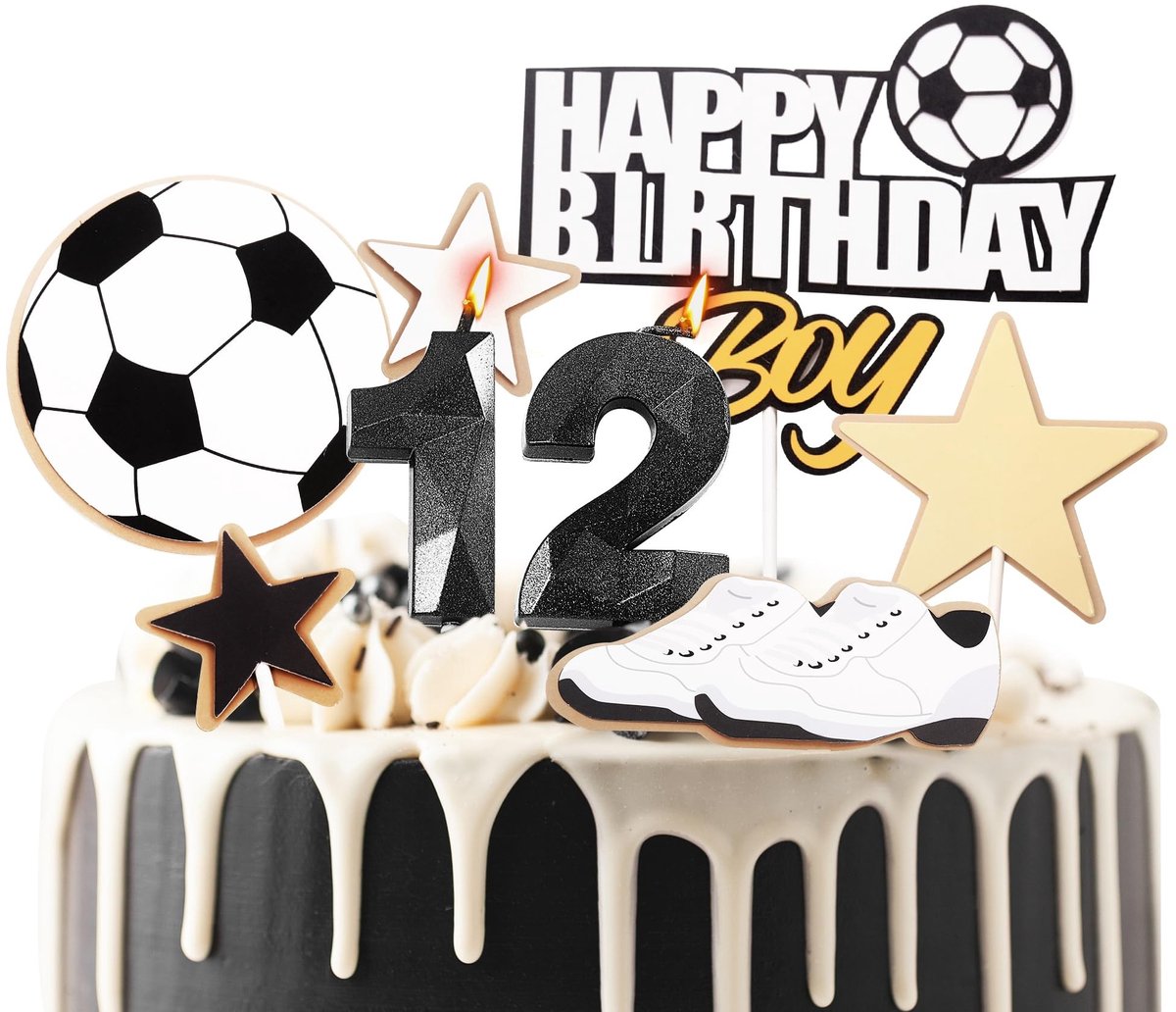 Dailygoods - 12e verjaardagskaarsen, zwart nummer 12 gelukkige verjaardagskaarsen, jongens hij voetbal taarttopper decoraties voor 12-jarige verjaardagsfeestje voetbalthema verjaardag viering levering zwart