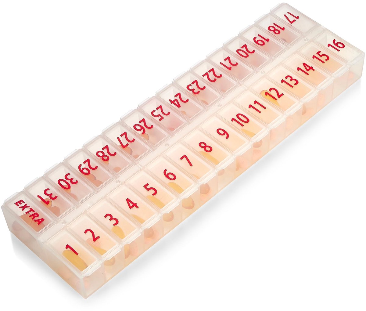 Dailygoods- Pillen-organizer 32 vakken - Maandelijks - BPA-vrij kunststof - Afneembaar deksel - Eenvoudig vullen - Duidelijk gelabeld - Medicijnendoos