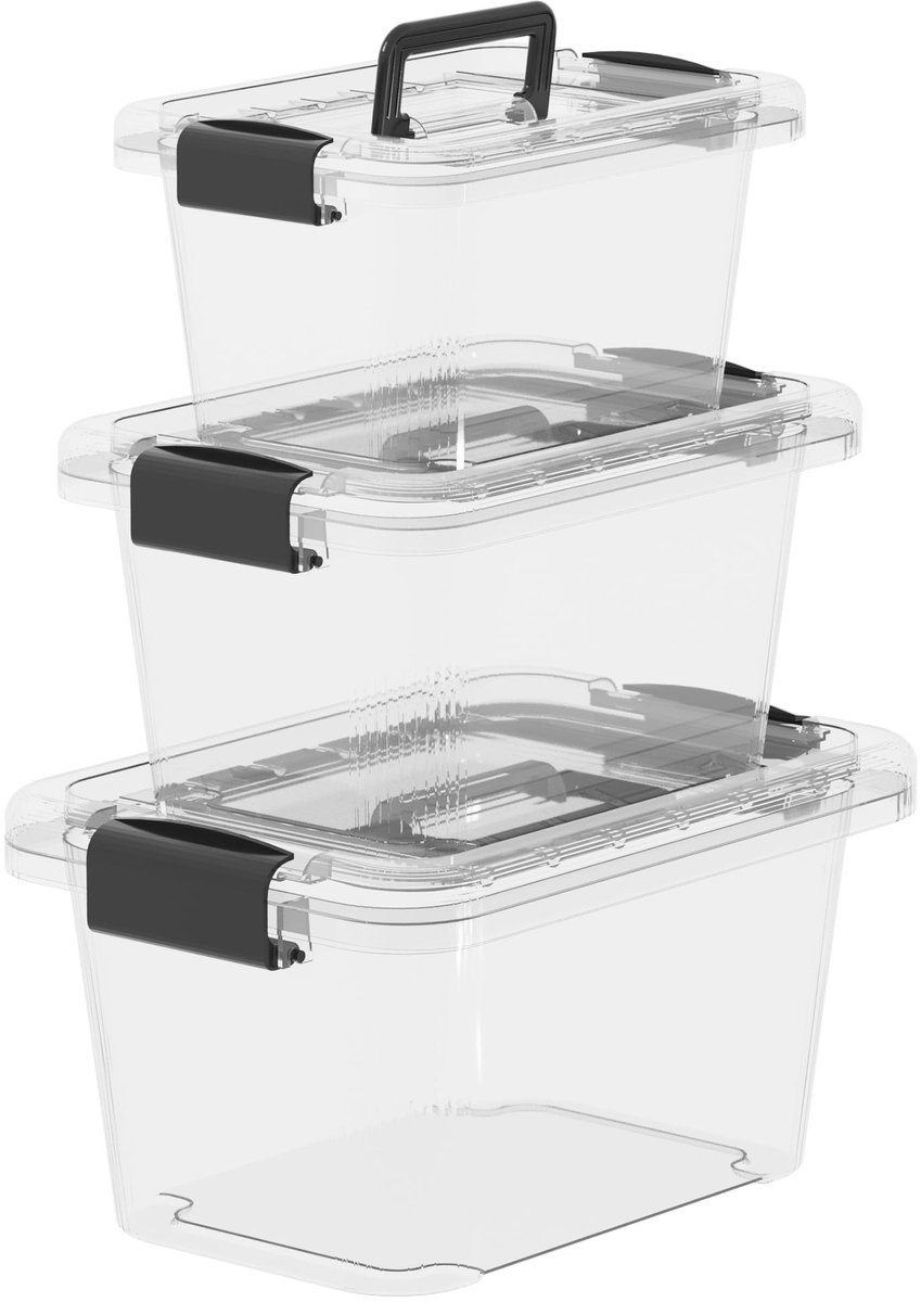 Dailygoods - Opbergdozen - Stapelbare plastic opbergdozen - Deksels en handvatten - Helder kunststof - Perfect voor organisatie - 3-pack 6L 10L 18L