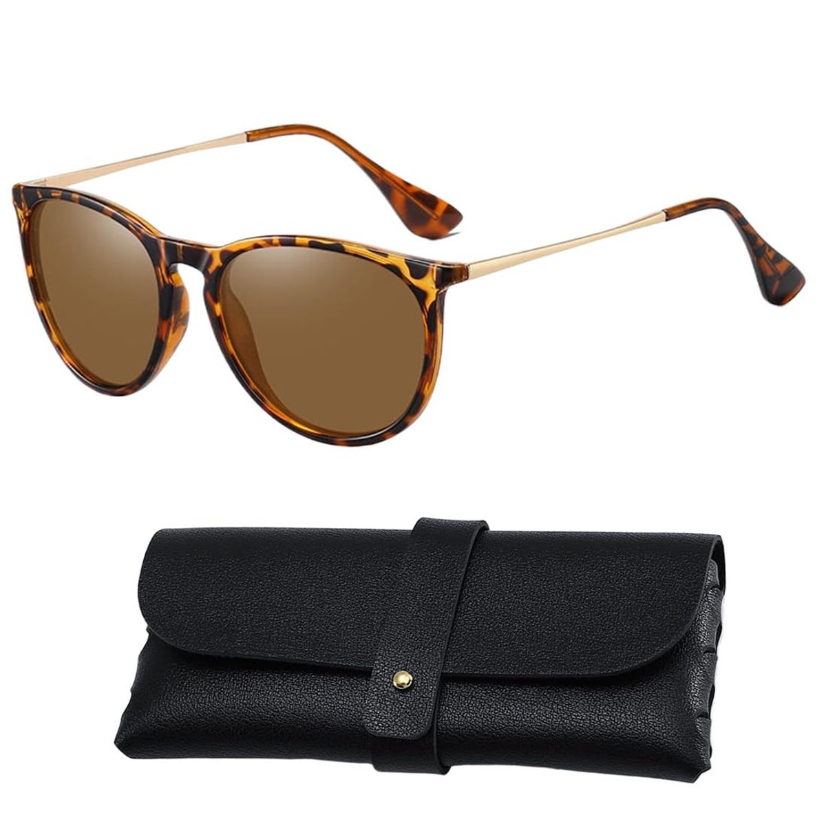 Dailygoods- Zonnebril UV400-bescherming - Gepolariseerde Zonnebril - Rond Frame - Leren Etui - Retro Design - Hoogwaardig Materiaal - Zonnebrillen