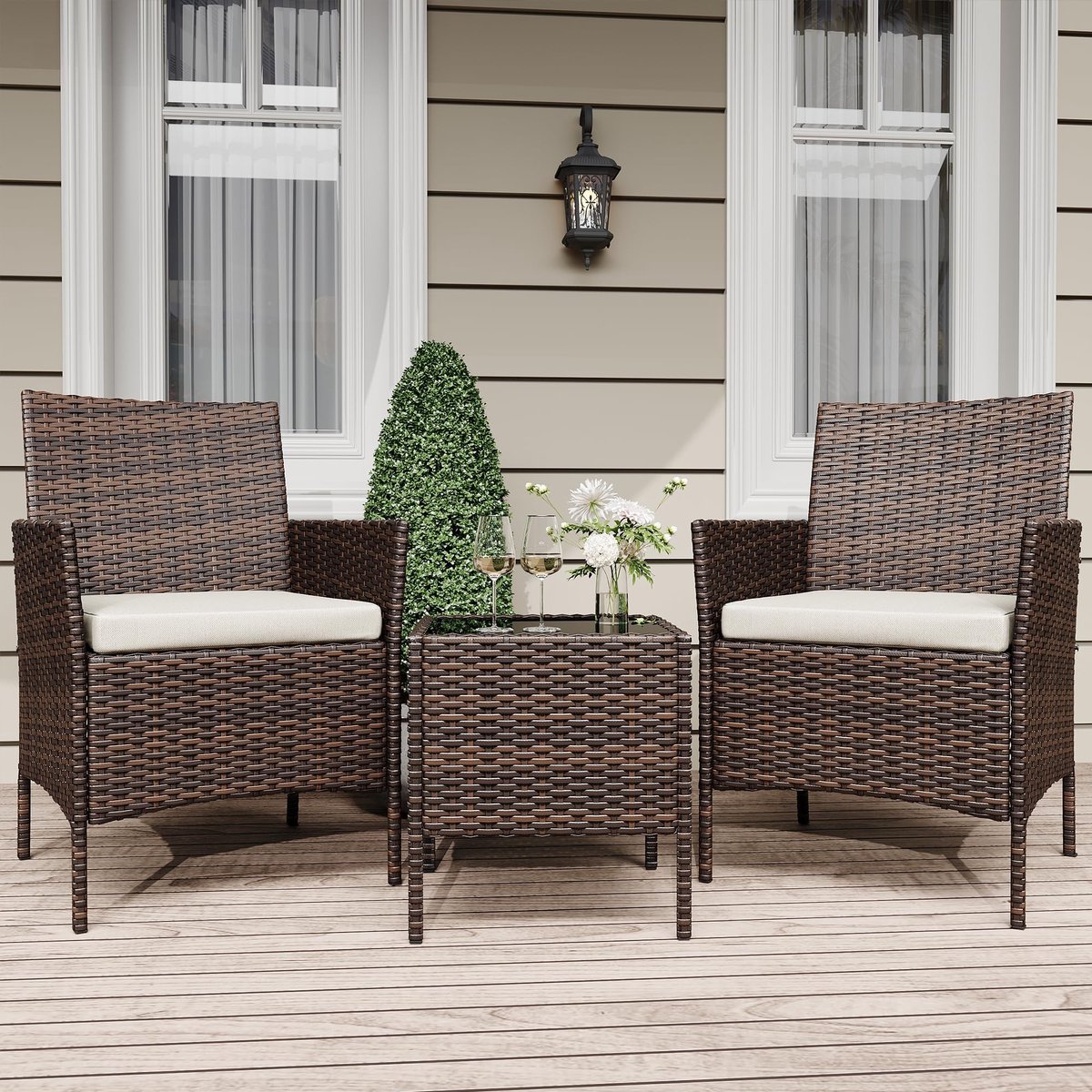 Tuinset 3-delig - Lounge Set met Rotan Fauteuils en Kussens voor 2 Personen - Balkonset met Glazen Salontafel - voor Terras en Tuin - Bruin + Beige