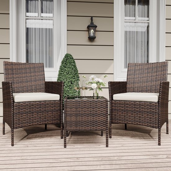 Ensemble de jardin 3 pièces - Salon de jardin avec fauteuils en rotin et coussins pour 2 personnes - Ensemble de balcon avec table basse en verre - pour Terrasse et Jardin - Marron + Beige