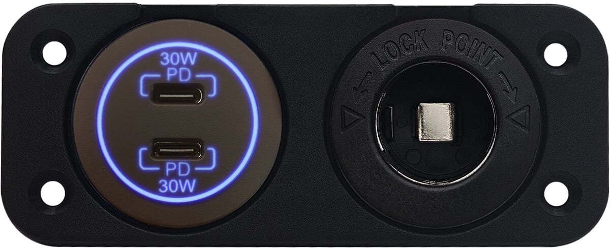 ProRide 12-24V USB C Autolader 2 Poorten Inbouw - 30W+30W - Sigarettenaansteker - Tweevoudig Paneel - Blauw