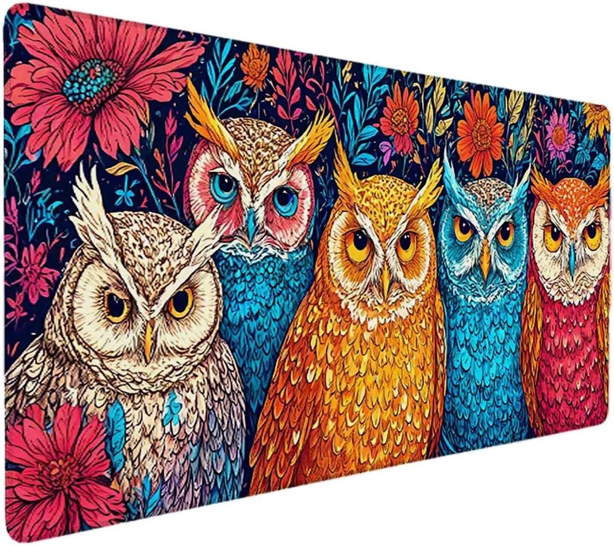 Grote Muismat - Bureaumat Deskpad - Comfortabel Werken - Antislip Rubberbasis - 90 x 40 cm - Bloemen Uil