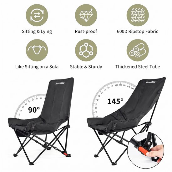 NordHaus Campingstoel - Maanstoel - Opvouwbare Loungestoel - Verstelbare Hoge Rugleuning - Inclusief Draagtas en Bekerhouder - Zwart - 51 x 62,5 x 90 cm — afbeelding 4