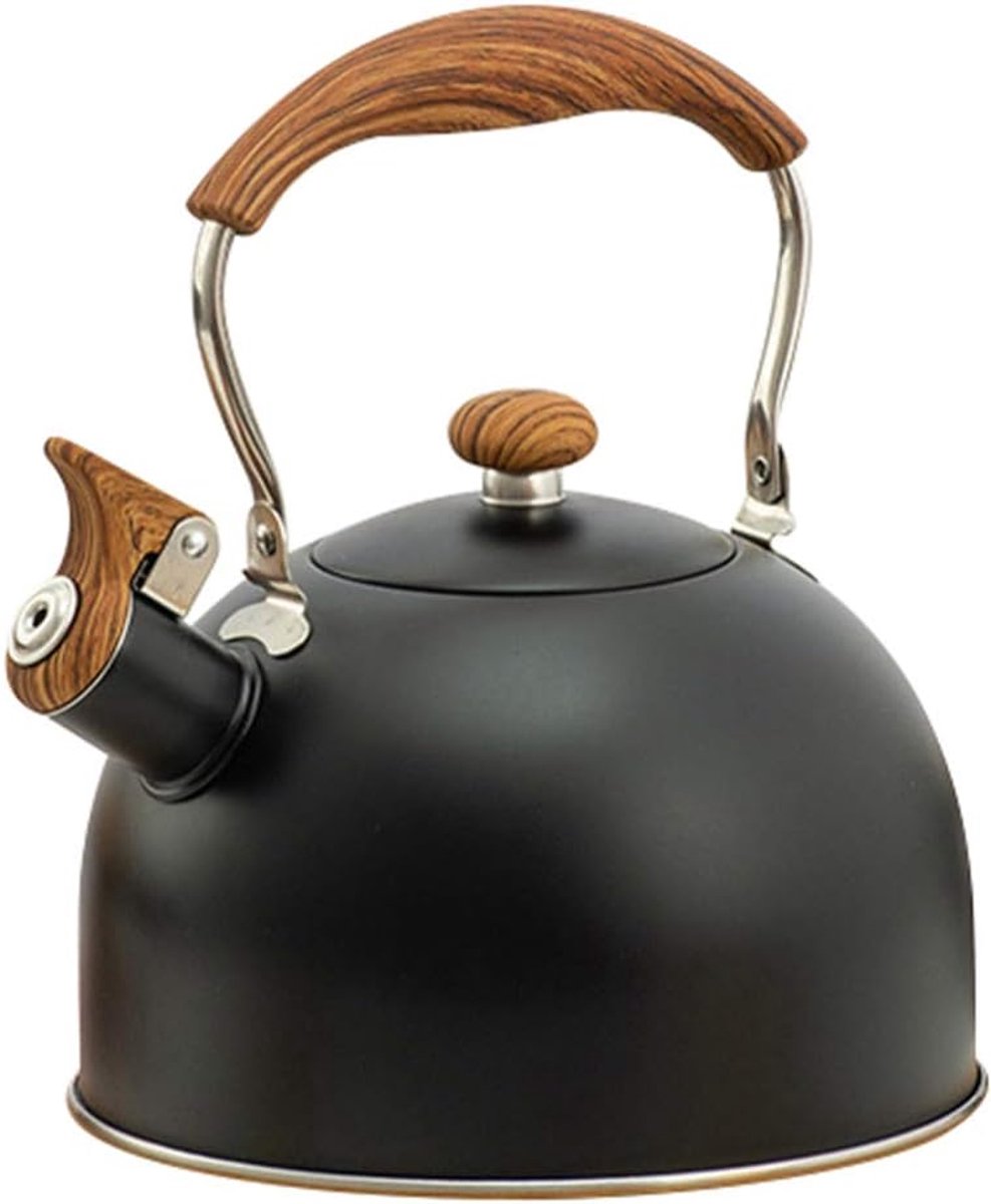 Waterkoker Fluitketel - Theepot Fornuis - Snel Water Koken - Houten Handvat - 3 Liter - Zwart