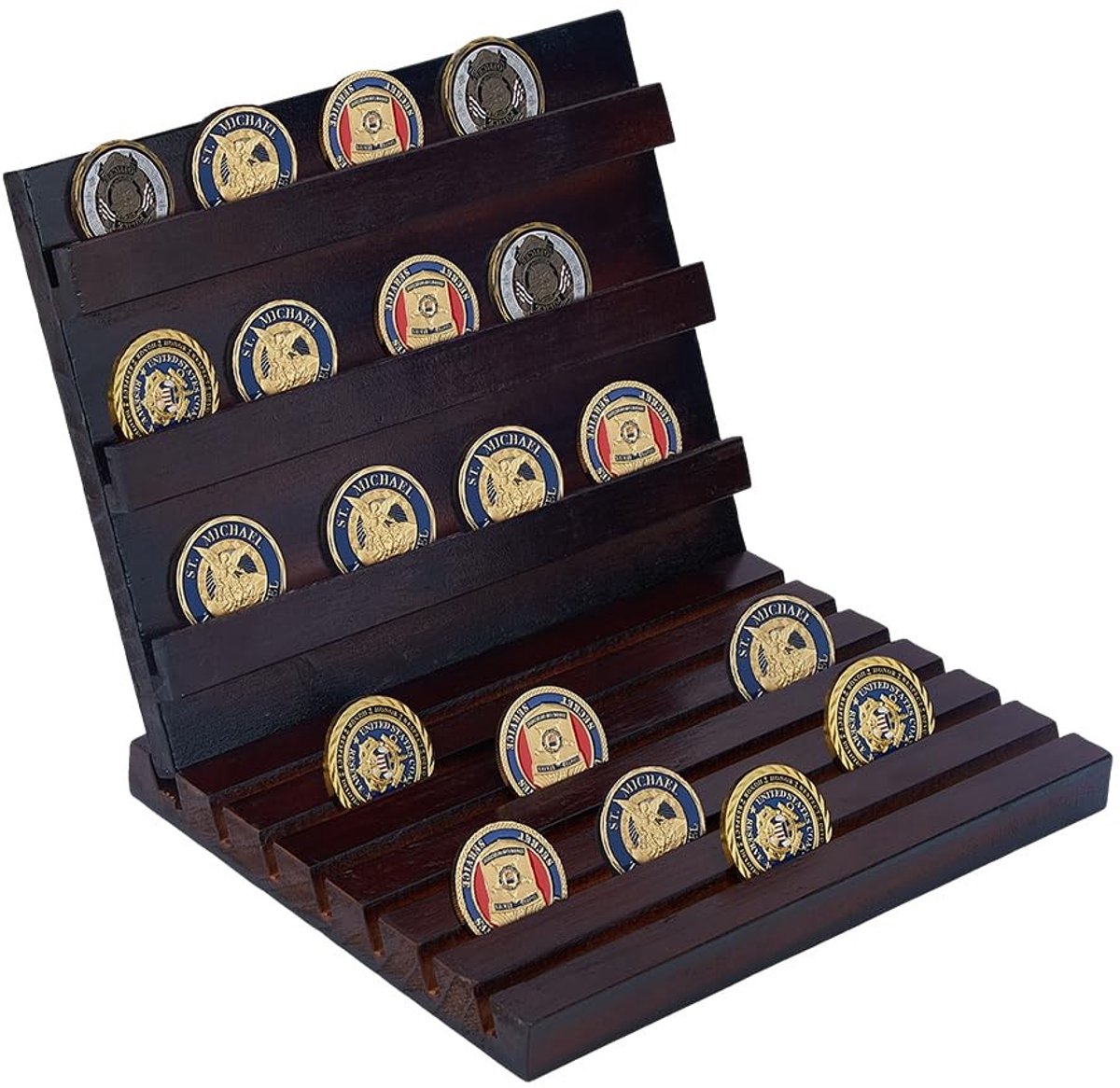 Dailygoods- Muntenrek Houten Displayhouder - 9 Rijen - Herdenkingsmunt Houder - Kokosnootbruin - Verzamelaars - Afmetingen 240 x 190 x 200 mm - Muntenhouder