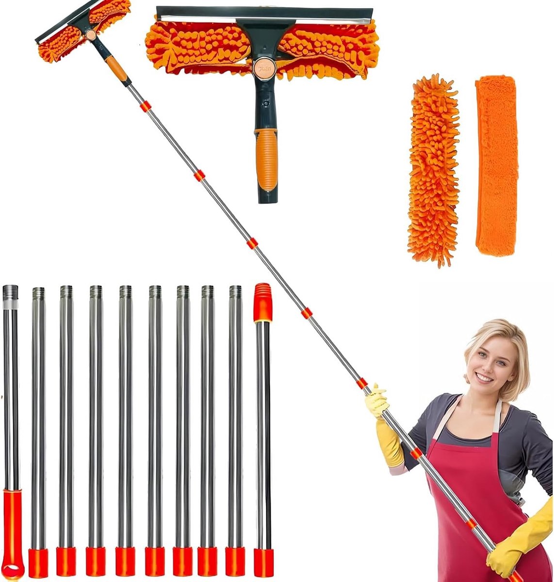 Raamreiniger Set - Stofdoek Verlenger - Ramen Wassen - 2-in-1 Draaibaar - 45 Meter - Oranje