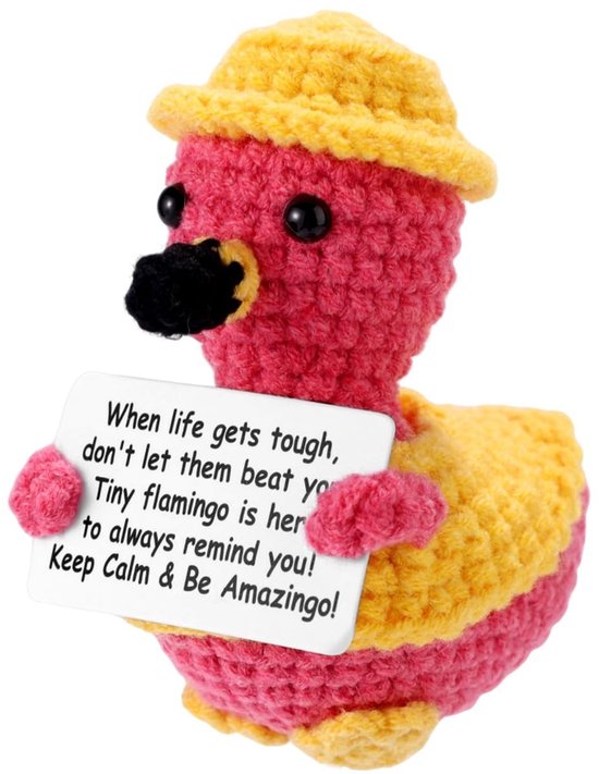 Dailygoods- Flamingo Knuffel Handgemaakt - Positieve Boodschap - Decoratie Huis/Kantoor - Garen - 9 x 7 x 6 cm - Inspirerend Cadeau - Gehaakt Dier