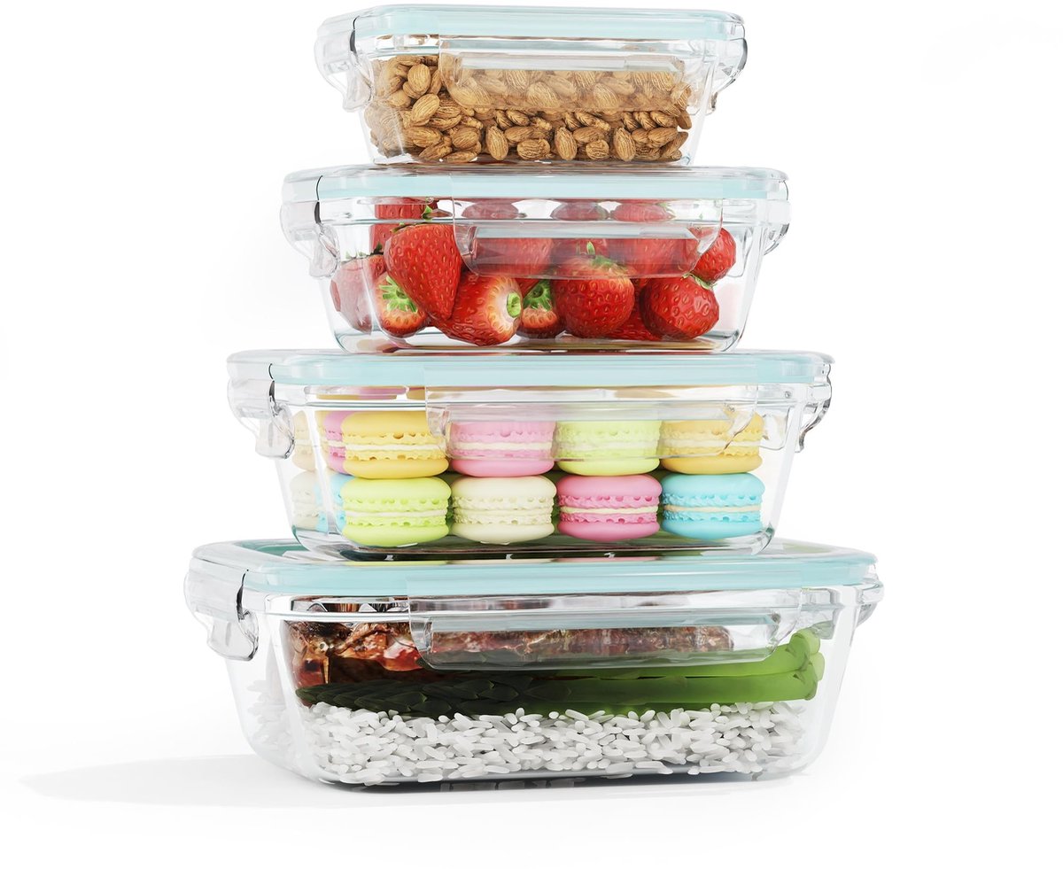 Dailygoods- Vershouddozen 4-delige set - Borosilicaatglas - Luchtdicht - Lekvrij - Ruimtebesparend - Voor koelkast, vriezer, magnetron - Opbergdozen