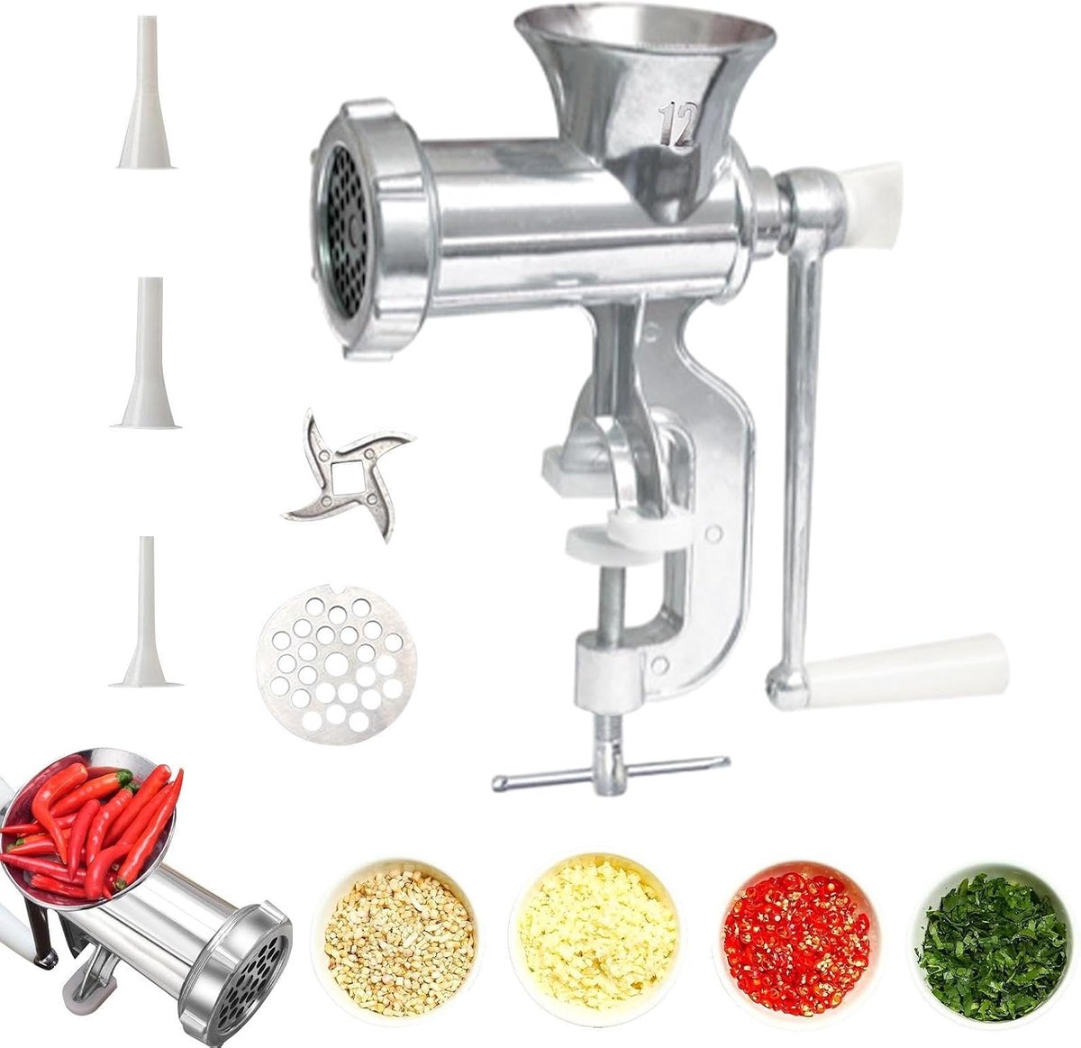 Handmatige Vleesmolen Keukenmachine Zelf Gehakt Maken Robuuste Metalen Constructie 24x20 cm Zilver