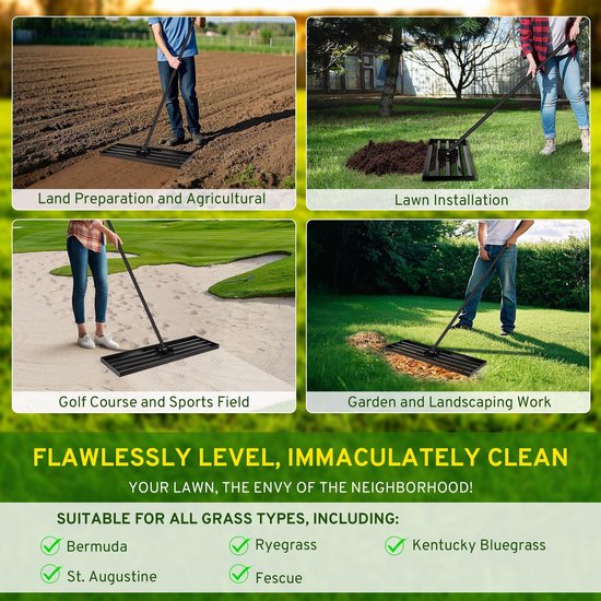 Dailygoods- Gazon Nivelleringshark voor zwaar gebruik - Verstelbaar handvat 210 cm - Hoogwaardig ijzeren gereedschap - Grondegalisatie - Topdressing - Perfect egaal oppervlak - Hark van Dailygoods — afbeelding 5