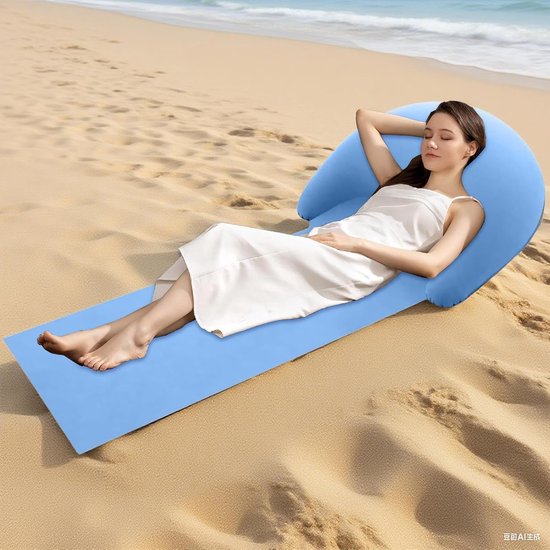 Strandmat met steun - Opblaasbaar picknickkleed - Relaxen in de zon - Zacht flockmateriaal - 178 x 76 cm - Lichtblauw — afbeelding 3