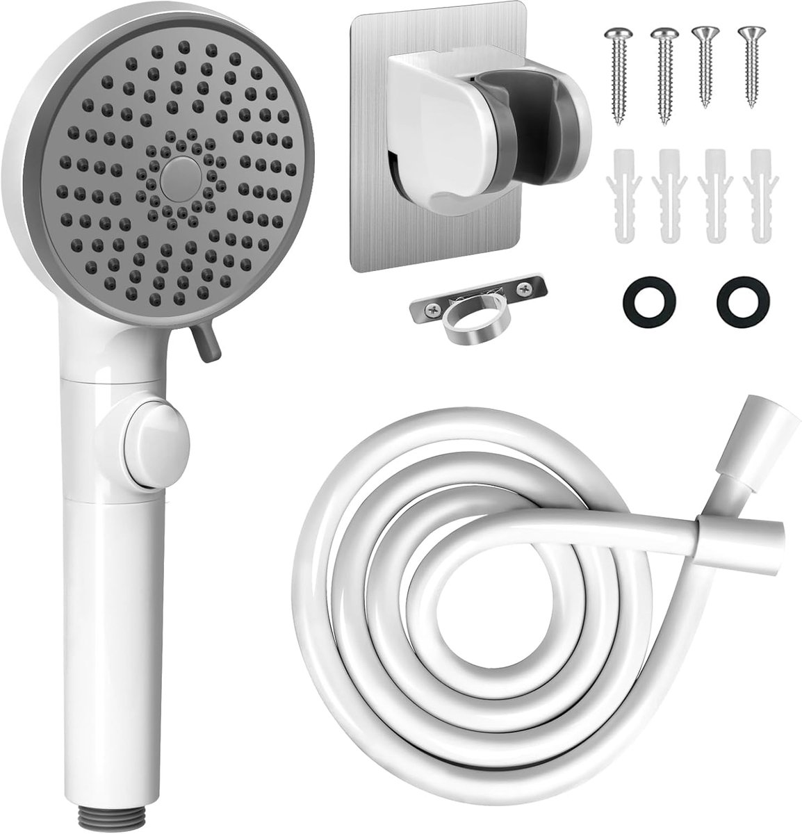 Douchekop met slang - Handdouche Hogedruk - Water Besparen - 5 Sproeimodi - 60 Inch Slang - Wit