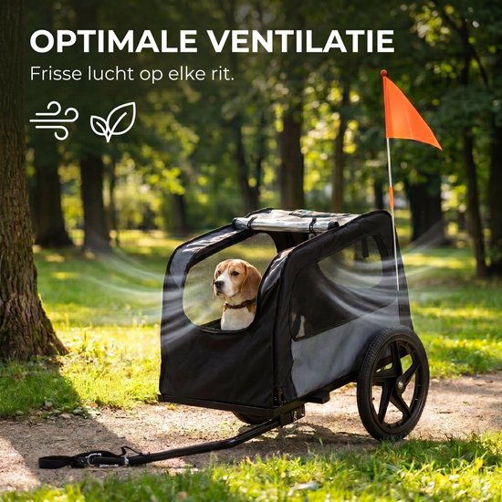 Zwarte en grijze hondenfietskar met een beagle erin, met "OPTIMALE VENTILATIE".