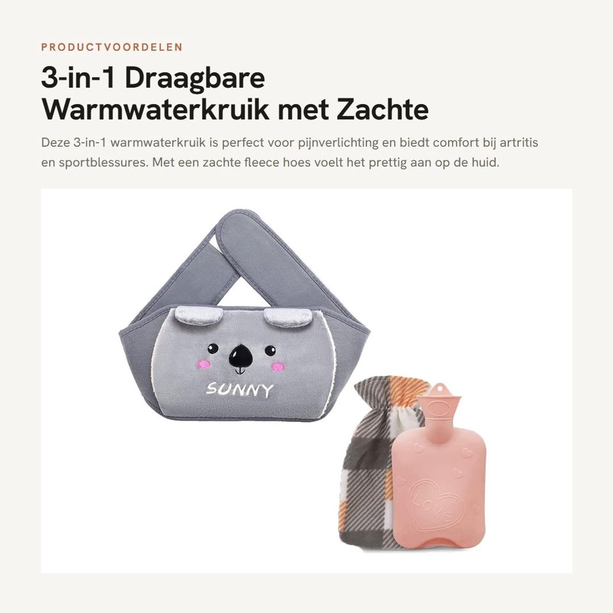 Dailygoods- Warmwaterkruik 3-in-1 met fleecehoes - Lekvrij - Pijnverlichting - Artritis - Sportblessures - 1000 ml - Warmwaterfles