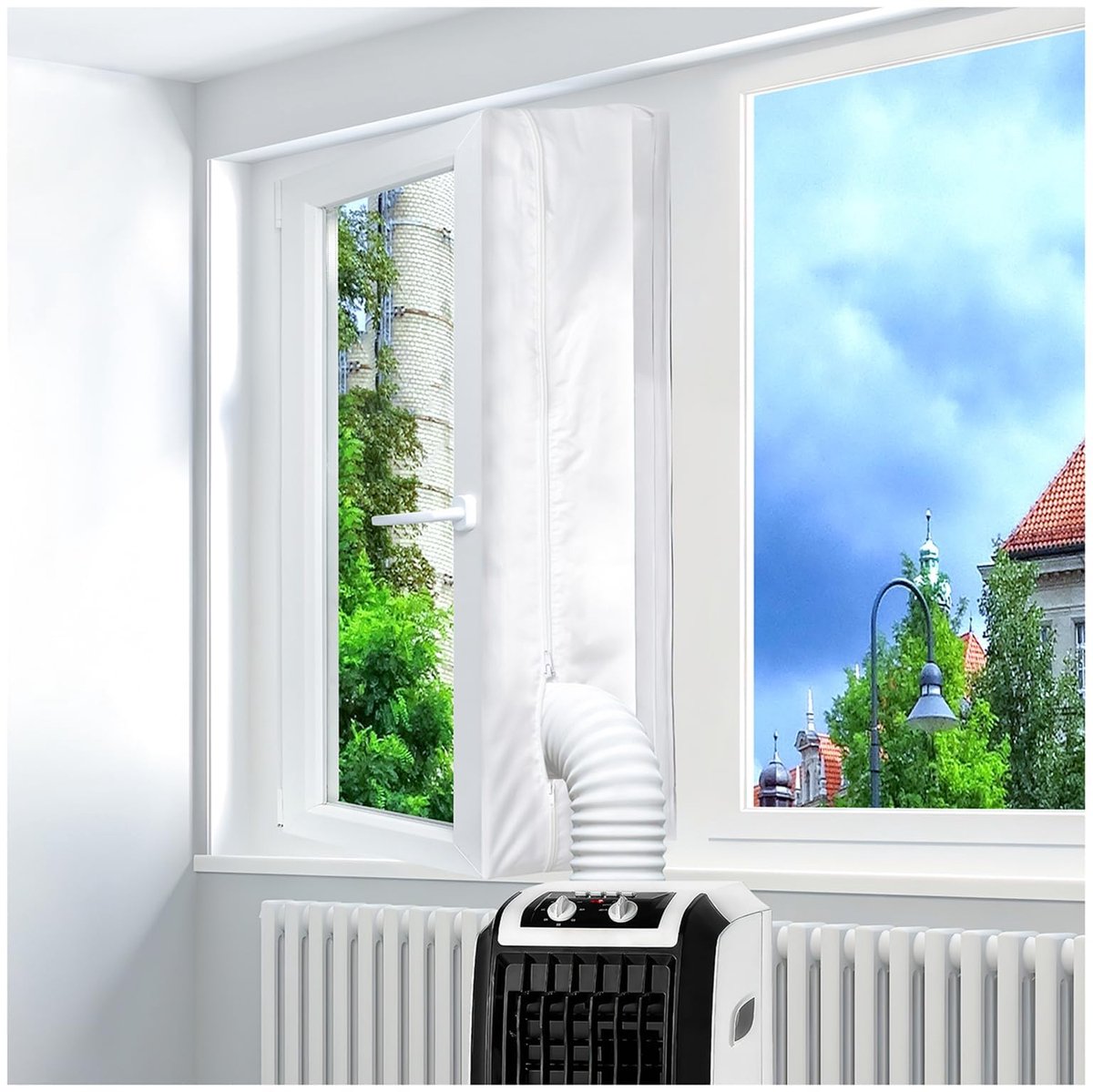 Namajunas - Raamafdichtingskit mobiele airco - Airco Raamafdichting 400 cm - Zelfklevend - Draagbaar raamafdichtingsset - Luchtwisselingsafdekking met rits en sterke klittenband - Houdt warmte en insecten buiten - Voor dubbele buis