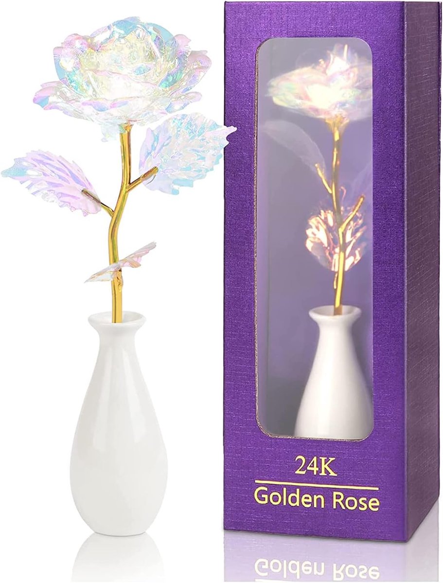 Regenboog Roos Cadeau - Kunstbloem met Vaas - Romantisch Gebaar - Goudfolie Stam - 1 stuk - Gekleurd