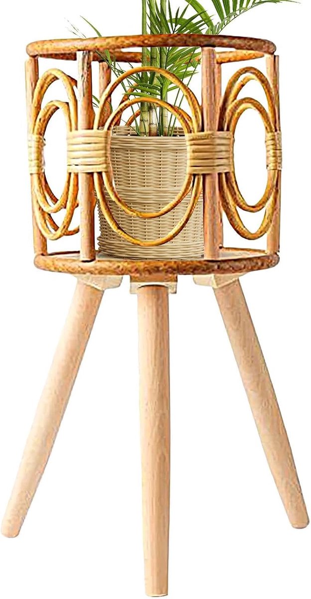 Plantenstandaard Rotan - Bloempothouder Kruk - Planten Decoratie - Handgemaakt Boho Design - 41 cm Hoog - Natuurlijk