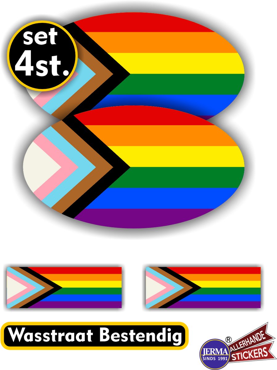 Jerma - LGBT - Regenboogvlag - Auto - Sticker - 2x ovaal 13x7 cm - 2st 7x2.5 cm - Vinyl - Zelfklevend