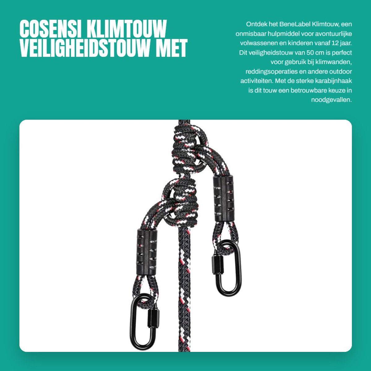 Dailygoods- Klimtouw 50 cm - Veiligheidstouw met Karabijnhaak - Set van 2 - Voor Binnen/Buiten - Geschikt voor Kinderen - Hoogwaardig Polyester