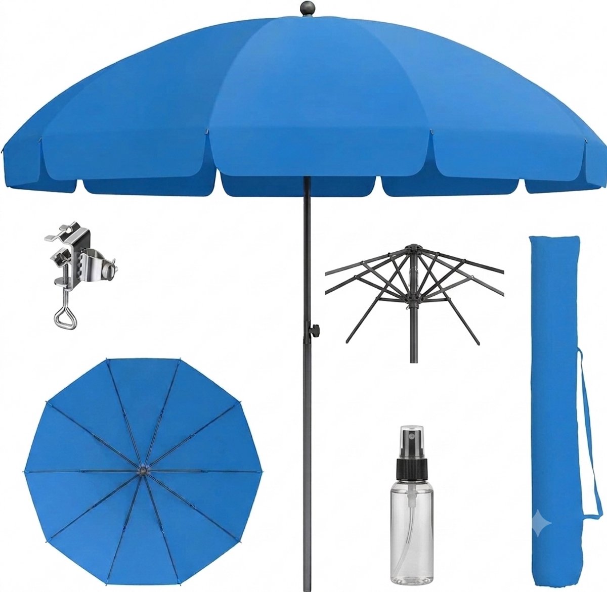 Livatto Balkon- en strandparasol Ø175 cm, in hoogte verstelbaar van 160 tot 210 cm, kantelbaar, winddicht, met hoes en klem, UV50+ bescherming, blauw