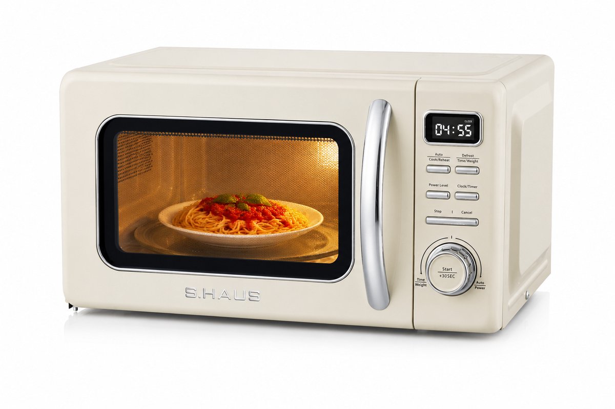 Swiss Haus® MW20 Magnetron Vrijstaand - 20L – 700W Digitale Solo Microgolfoven – Retro Microwave Vintage Design – Auto Cook & Ontdooifunctie – 11 Verwarmingsstanden - Beige