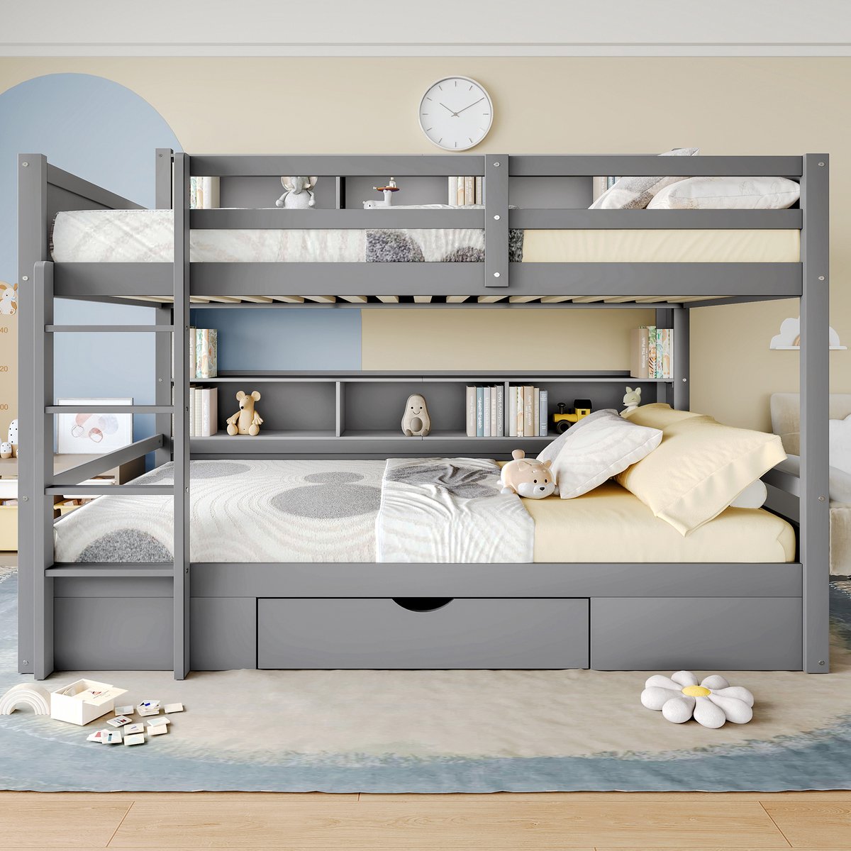MEUNIQ Stapelbed 90x200 cm grijs met opbergvakken en bedlade, kinderbed van grenenhout en MDF, zonder matras, voor kinderkamer