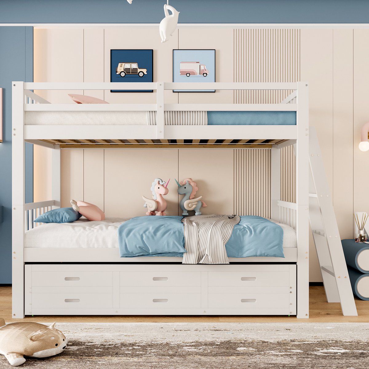 MEUNIQ Stapelbed 90x200 cm met uitschuifbed, ladder en 3 lades, kinderbed van grenenhout en MDF voor kinderkamer, zonder matras, wit