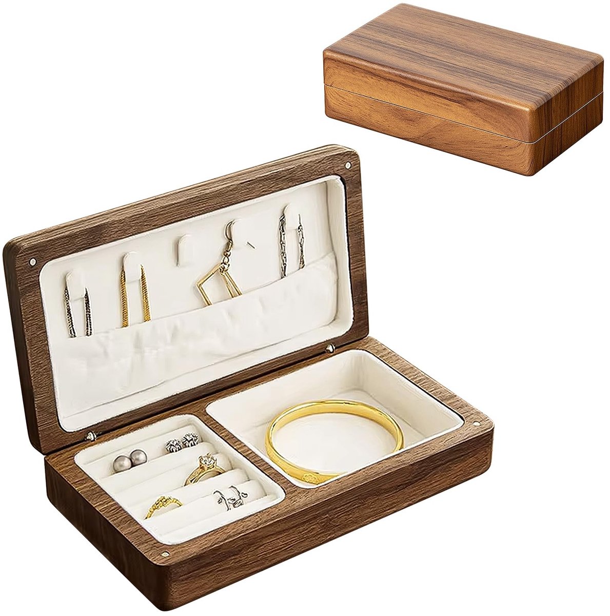 Dailygoods- Sieradendoosje Hout - Sieradenorganizer - Klein - Fluwelen Deksel - Vintage - Zacht Wit Fluweel - Sieradenkist