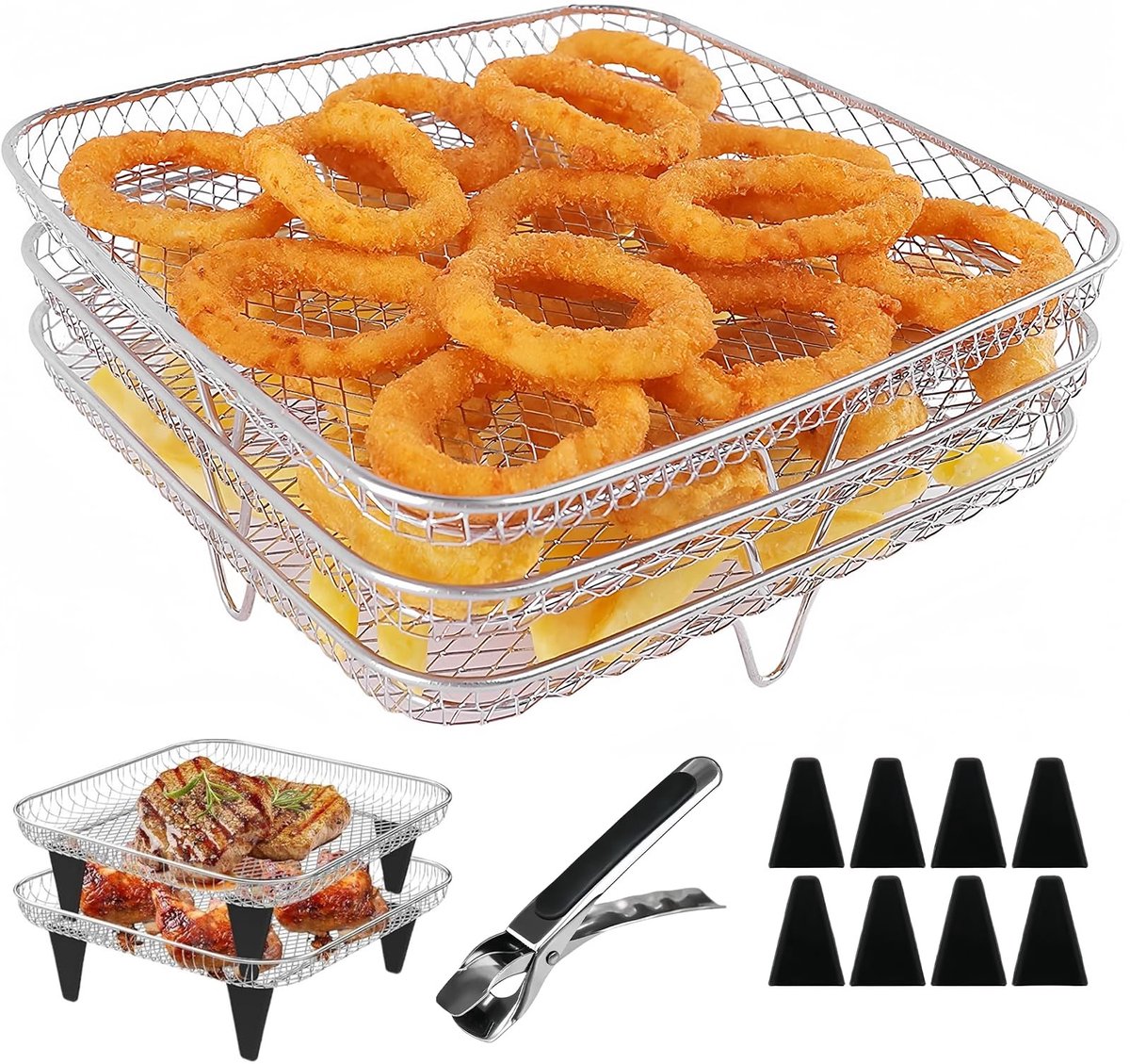 Dailygoods- Luchtfriteuse Rek 3-laags - 21 x 21 x 9 cm - Roestvrij Staal - Siliconen Voetjes - Ovenaccessoires - Efficiënte Luchtcirculatie - Airfryer Rek
