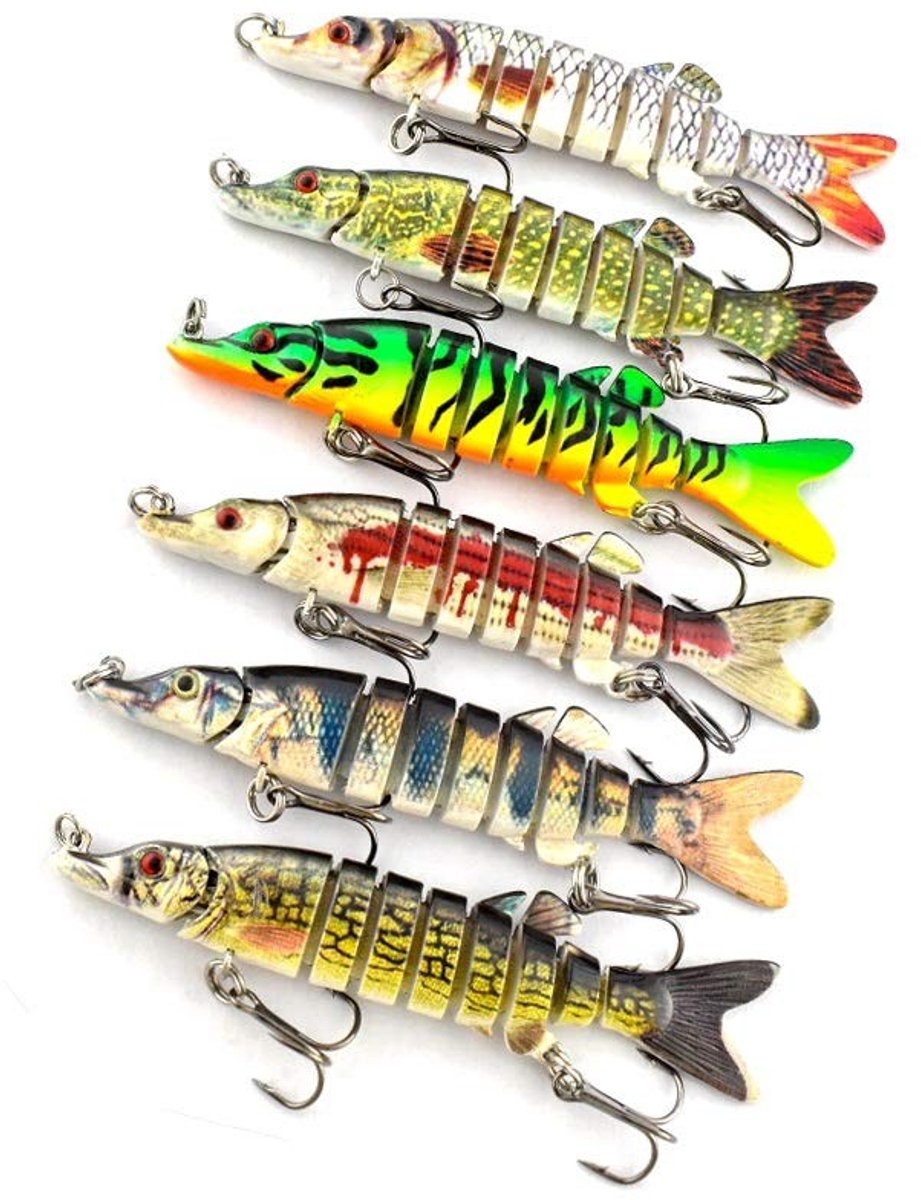 Dailygoods- Kunstaas Set 6 Stuks - Levensechte Snoek/Baars/Roofvis - 8.9cm/3.5 inch - Multi Jointed Body - 7g Gewicht - Duurzame Vishaken - Vissenaas