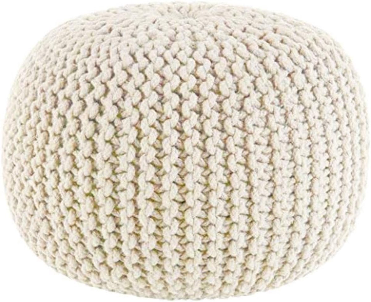 Ronde Poef - Voetsteun Vloerkussen - Extra Zitplaats - Handgebreid Ontwerp - 40x40x30cm - Beige