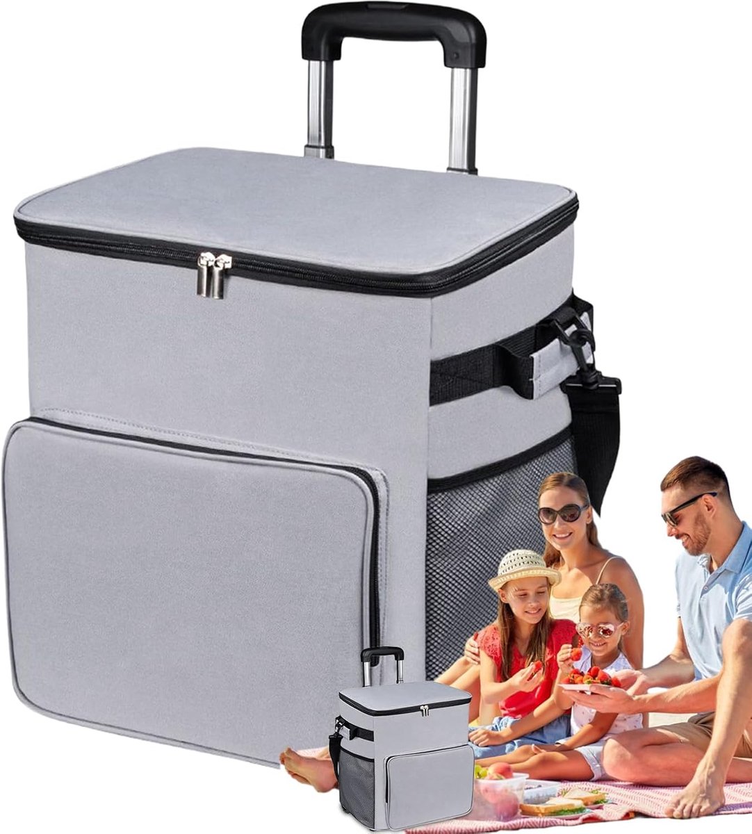 Koelbox op wielen - Mobiele koeler - Buitenactiviteiten - 35 liter inhoud - ca. 90 cm hoog - Grijs