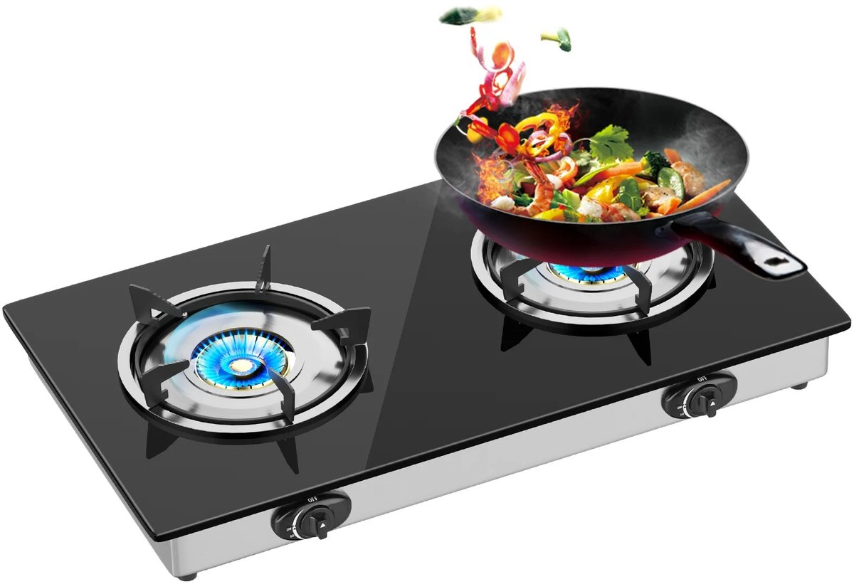 Innovastore Gasfornuis - Campingkookplaat - Campinggasstel - Draagbaar gasfornuis - Kookplaat - Buiten koken - 2 pits - Zwart