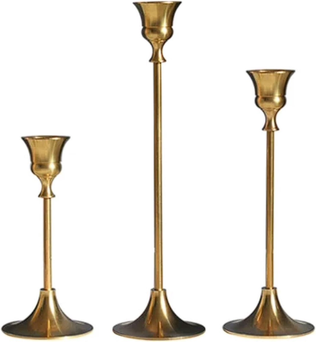 Kandelaar Houders Set - Messing Kaarsenstandaards - Sfeer Creëren - Nordic Vintage Stijl - Set van 3 - Goud