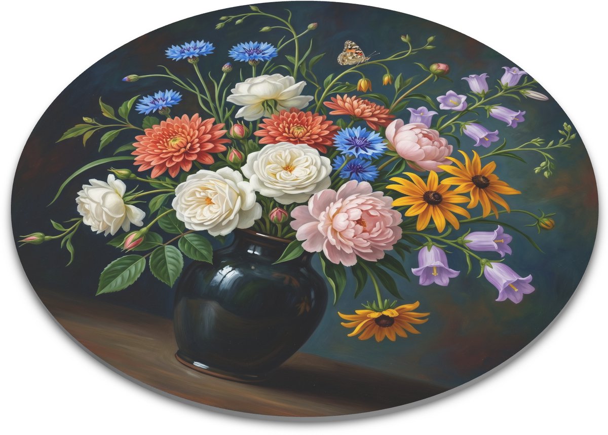 Ronde muismat bloemen stilleven met witte tuinrozen, coral chrysanten, blauwe korenbloemen, blush pioenrozen, rudbeckia, lila campanula en vlinder in museumstijl voor bureau, thuiswerkplek en botanisch cadeau voor bloemenliefhebber