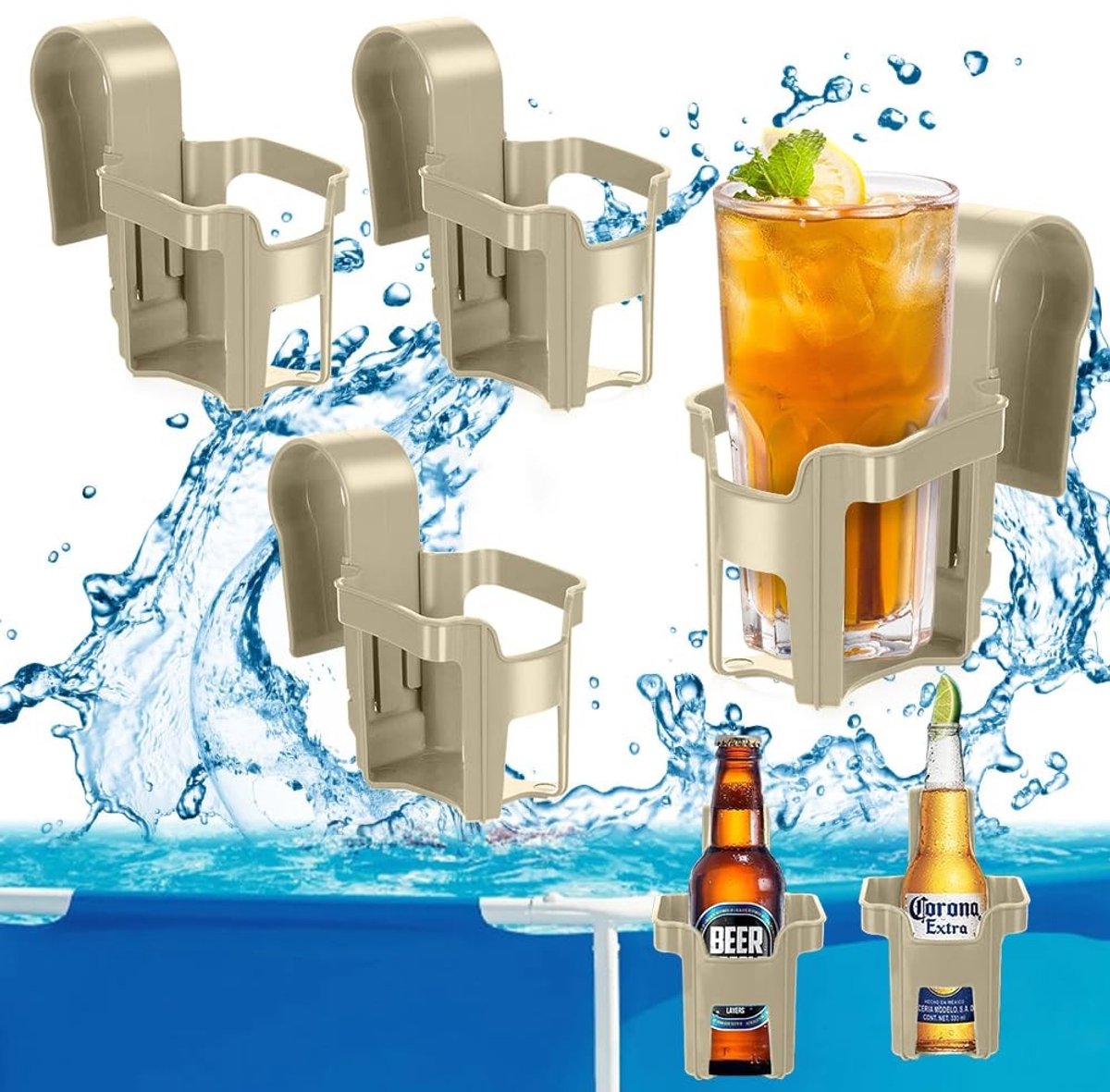Dailygoods- Bekerhouder Drijvend - Bekerhouder Zwembadrand - Drankhouder Strand - Bekerhouder Waterpark - Bekerhouder Party - Kunststof, Set van 4